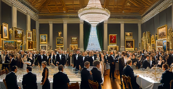 A lively art auction with bidders in formal clothes raising paddles to bid on a painting in an elegant auction house.