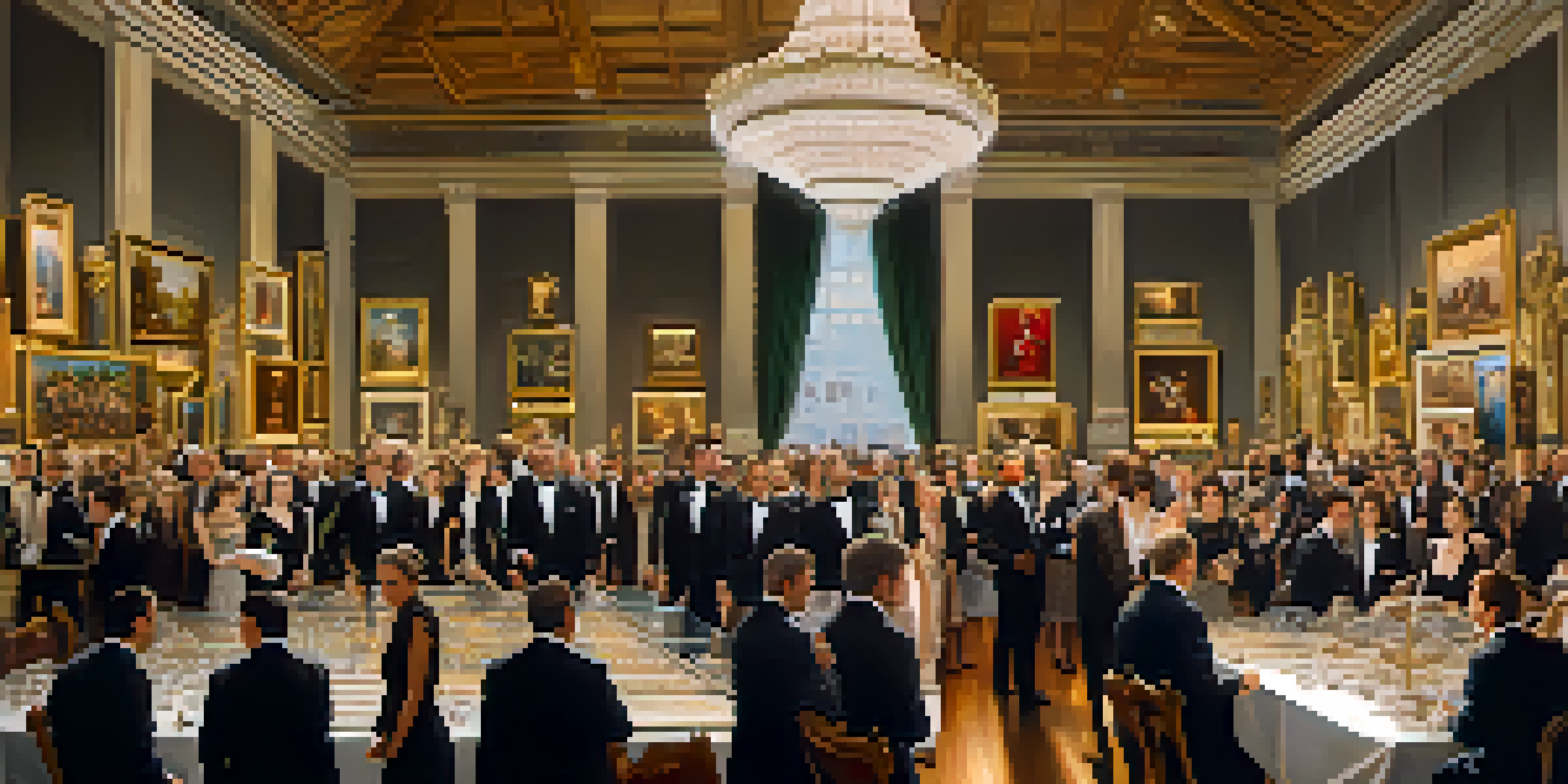 A lively art auction with bidders in formal clothes raising paddles to bid on a painting in an elegant auction house.