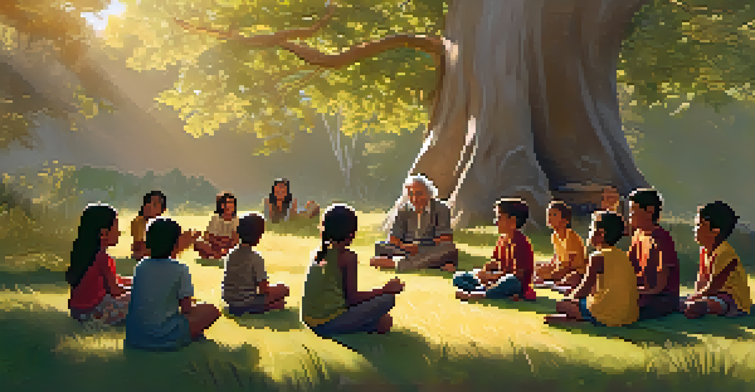 An Indigenous elder telling stories to children in a natural setting, surrounded by trees and sunlight.