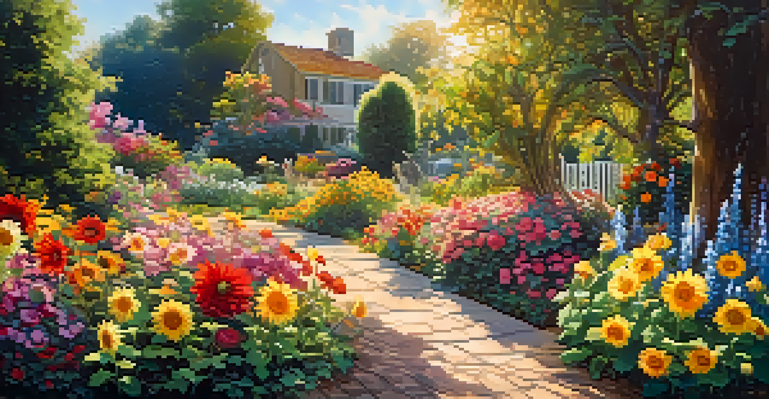A colorful garden filled with blooming flowers and a butterfly, illuminated by sunlight filtering through the leaves.
