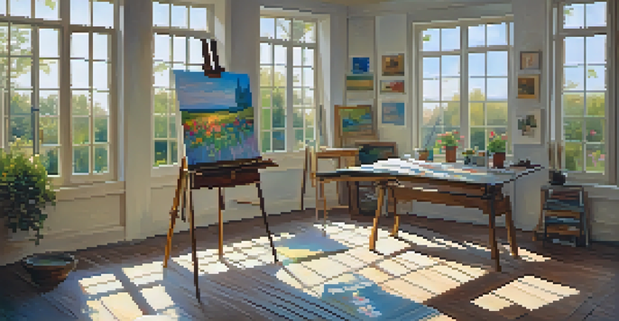 A peaceful artist's studio with a blank canvas, colorful paintings on the walls, and a view of a blooming garden outside.