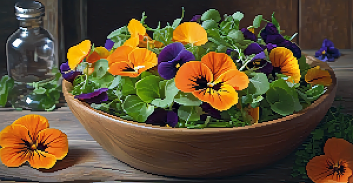 A colorful salad with orange nasturtiums, purple pansies, and green arugula in a wooden bowl, illuminated by soft natural light.