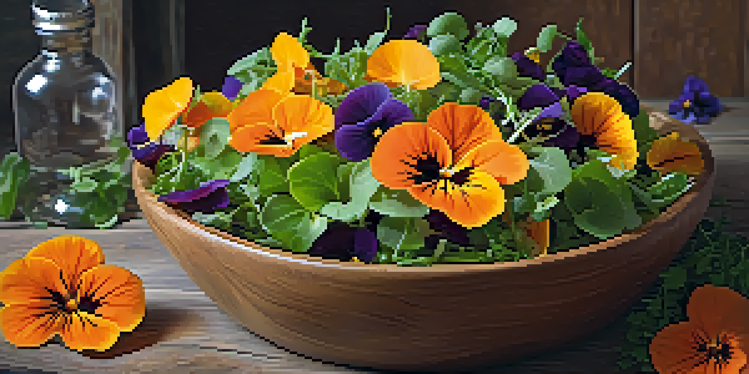 A colorful salad with orange nasturtiums, purple pansies, and green arugula in a wooden bowl, illuminated by soft natural light.