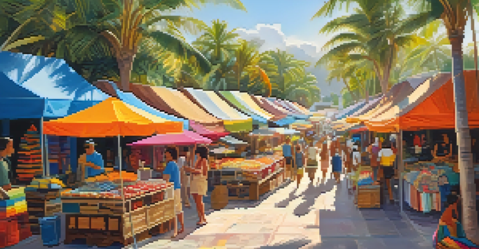 A lively market filled with colorful textiles and local artists interacting with visitors under palm trees in warm sunlight.
