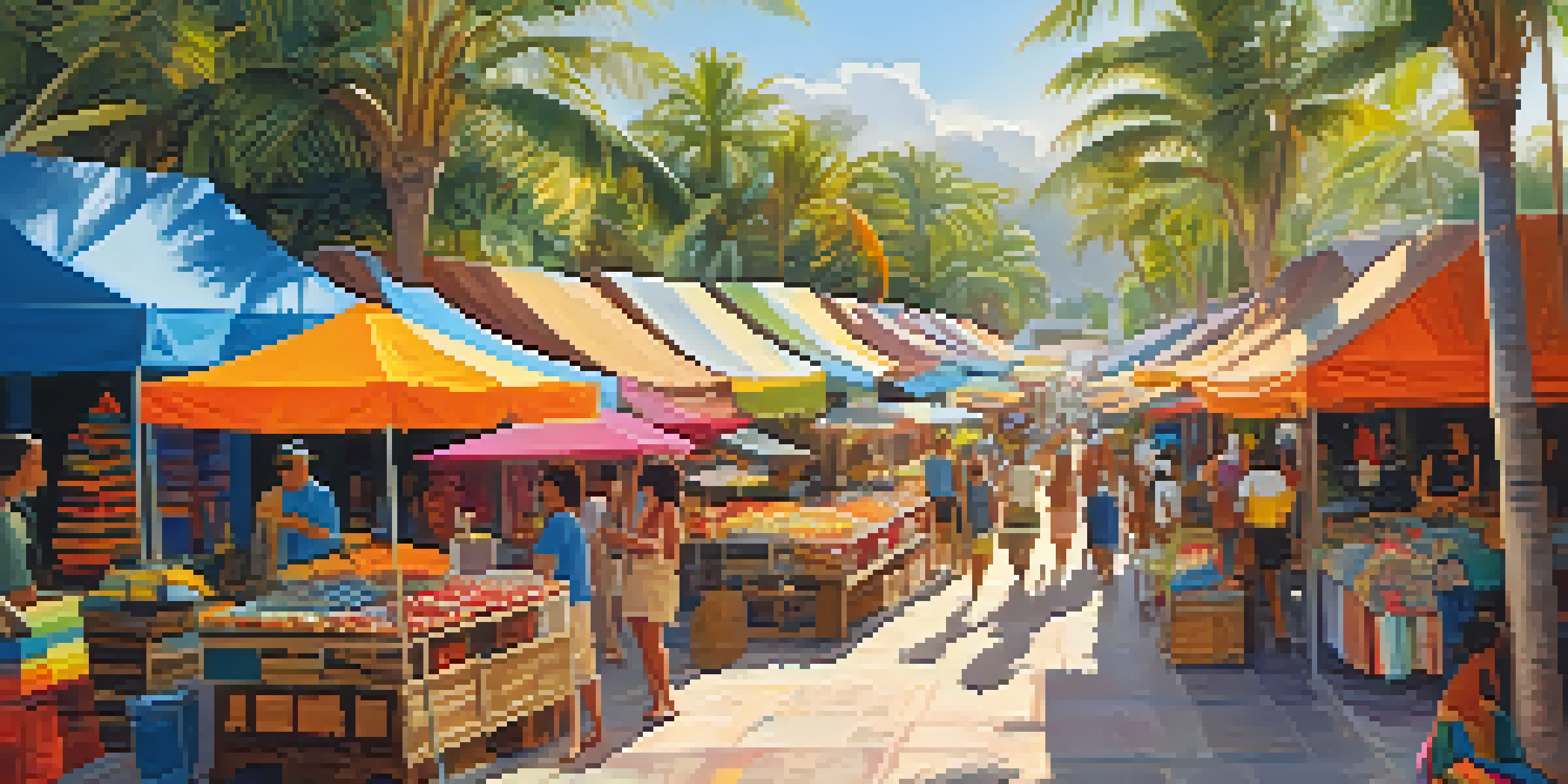 A lively market filled with colorful textiles and local artists interacting with visitors under palm trees in warm sunlight.