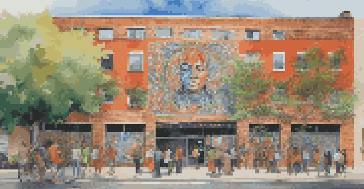 An outdoor mural showcasing cultural identity and authenticity with vibrant colors and intricate patterns, framed by an urban landscape.