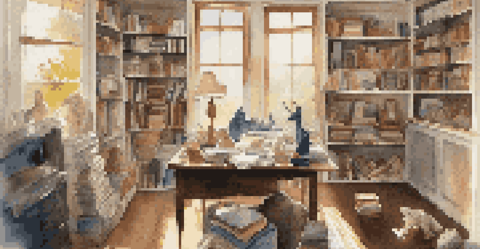 A home office with a collector reviewing artwork surrounded by books and sculptures in natural light.