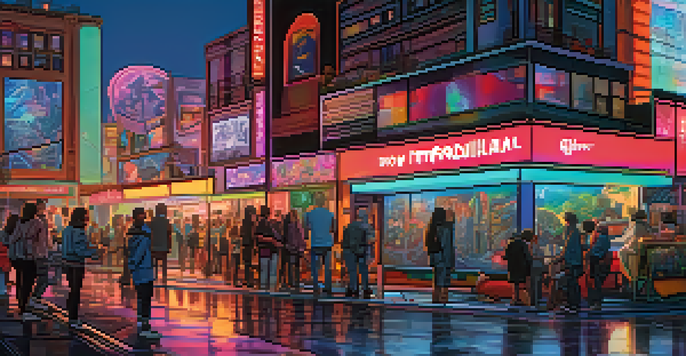 A colorful cityscape at dusk with artists working on a mural and futuristic buildings.