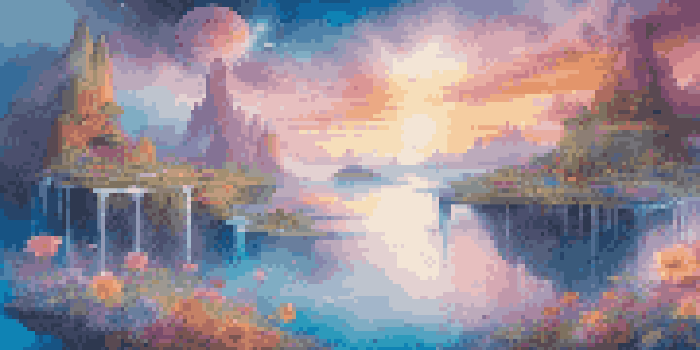 A surreal virtual reality landscape with floating islands, vibrant flowers, a glowing waterfall, and a colorful sunset sky.