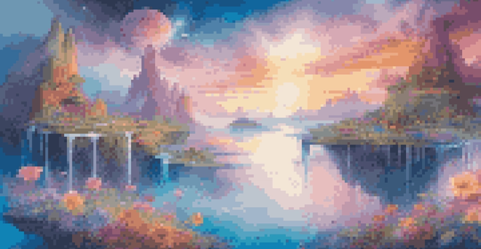 A surreal virtual reality landscape with floating islands, vibrant flowers, a glowing waterfall, and a colorful sunset sky.