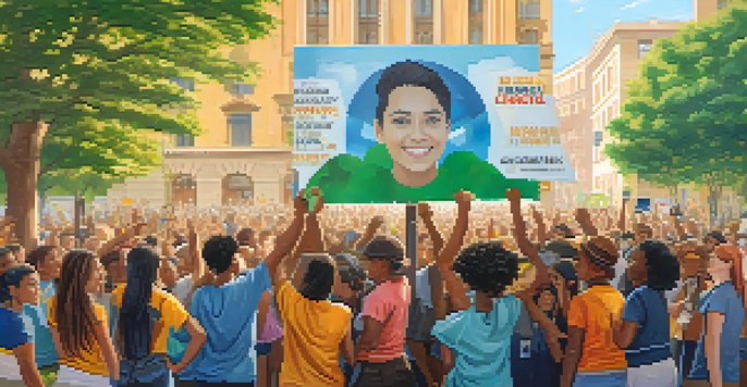 A colorful mural showing young activists in a city square holding signs advocating for climate change awareness under a sunny sky.