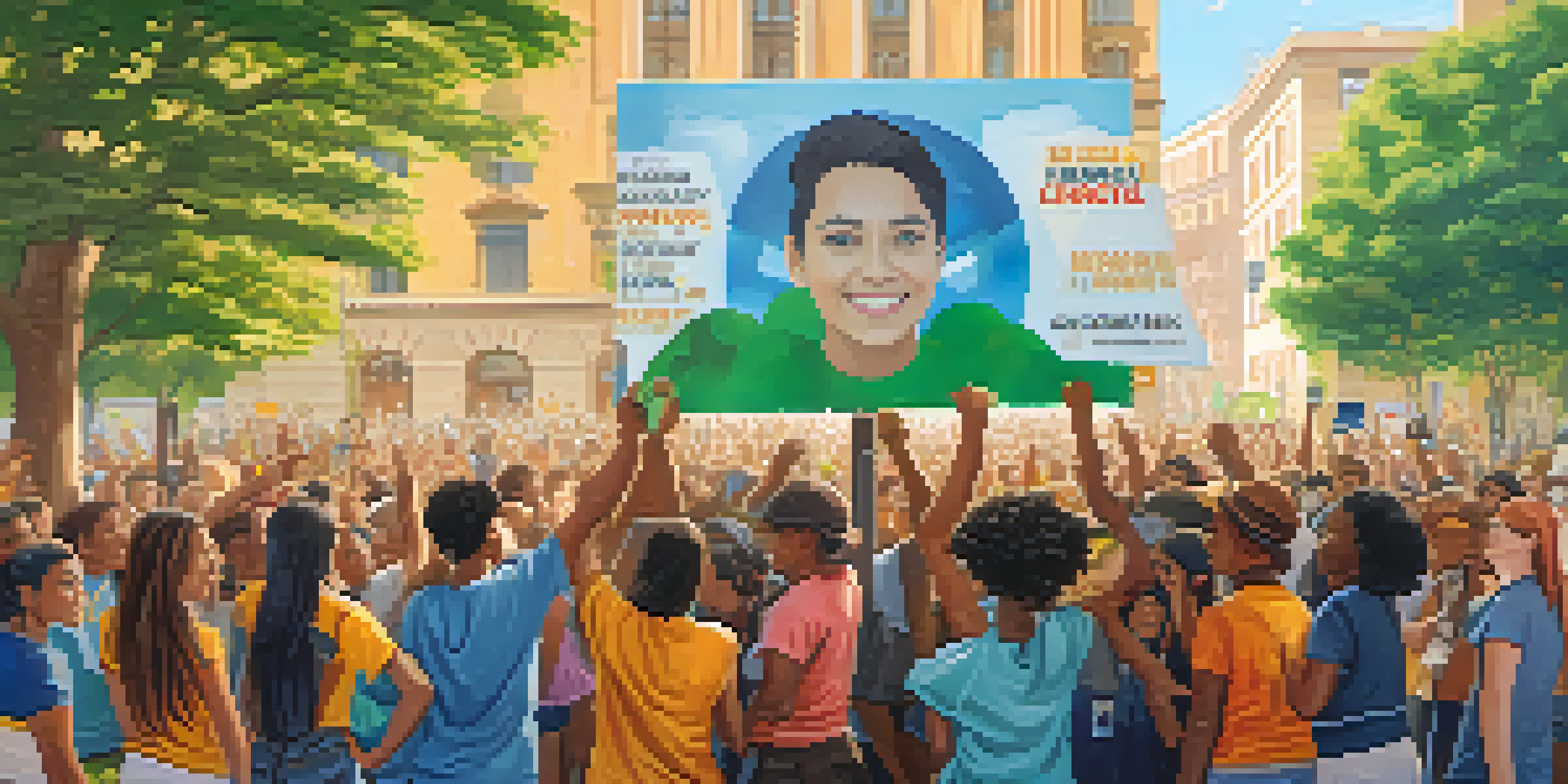 A colorful mural showing young activists in a city square holding signs advocating for climate change awareness under a sunny sky.