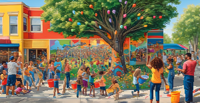 A diverse group of people painting a colorful mural together, with smiles and paint supplies around them.