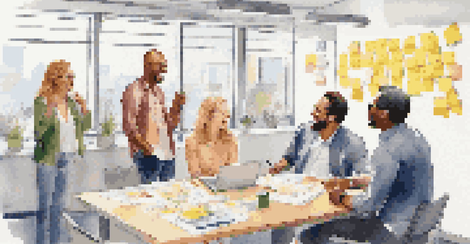A group of adults laughing and sharing ideas in a modern office, surrounded by a whiteboard filled with colorful notes, enhanced by bright natural light from large windows.