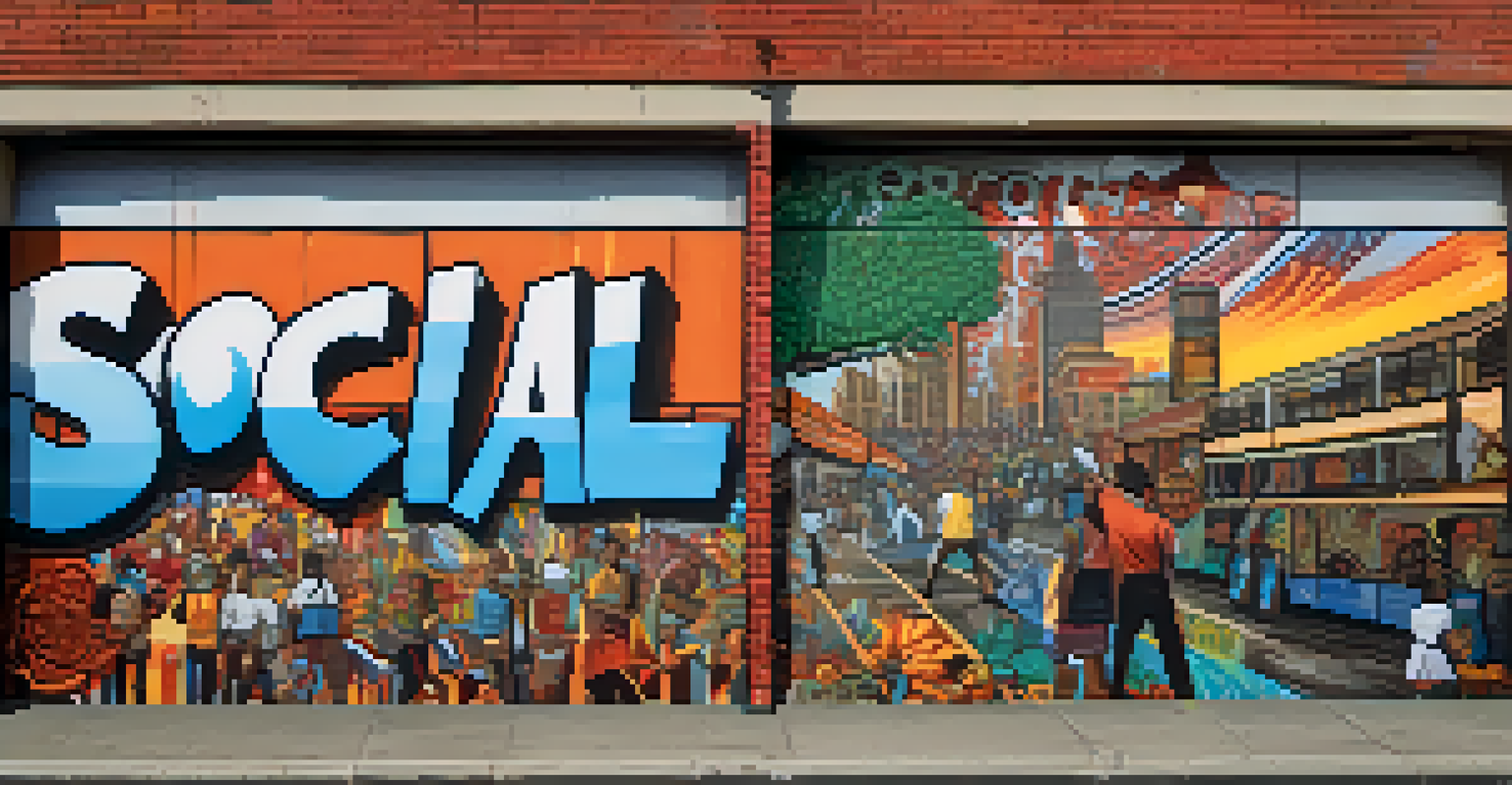 A close-up of a vibrant mural addressing social issues, showcasing bold colors and intricate details.