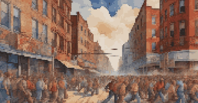 A colorful mural illustrating the struggles of the working class with dynamic figures and an urban backdrop, illuminated by sunlight.