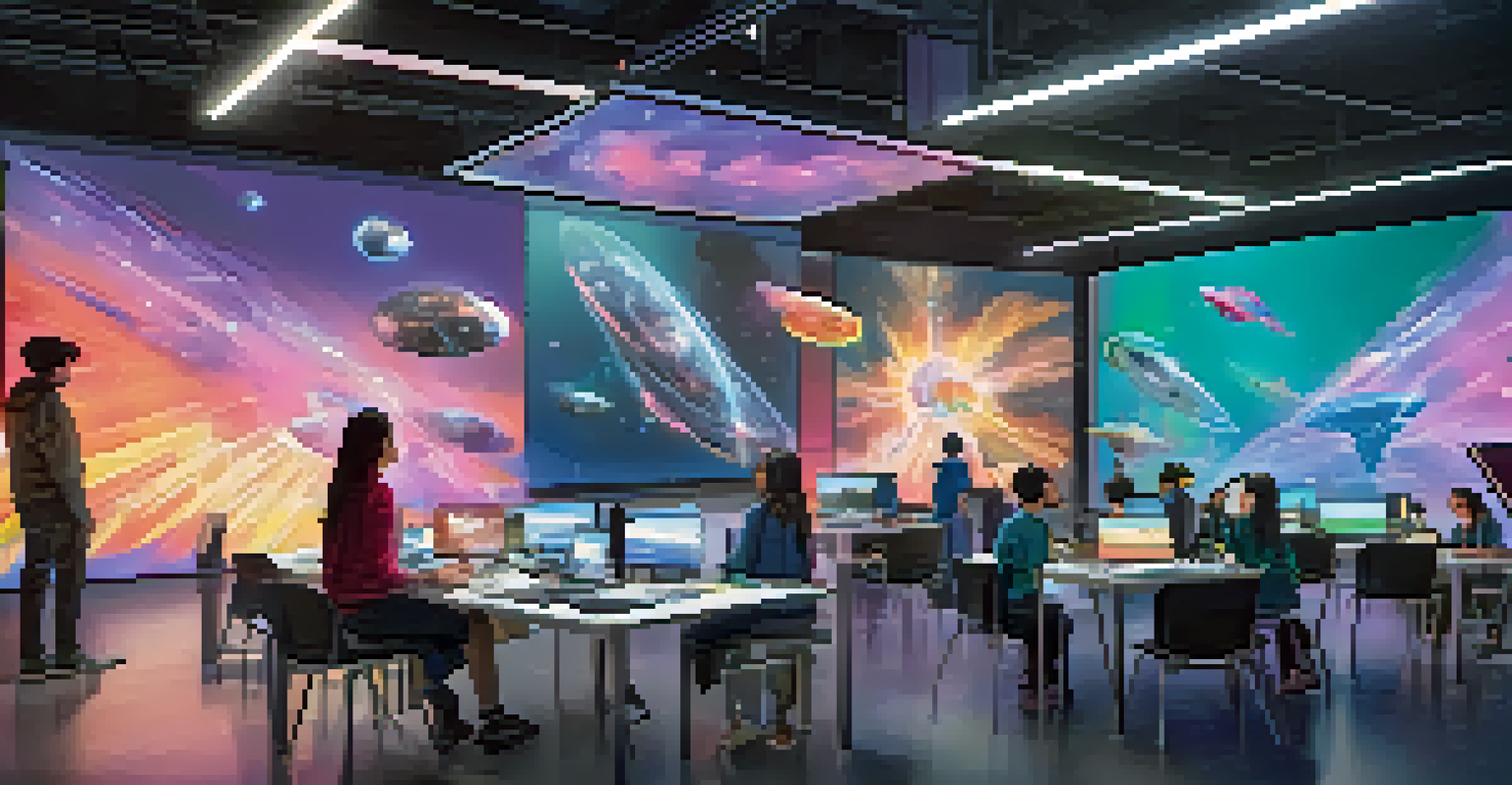 A workshop with students using virtual reality tools to create art, surrounded by digital screens and colorful holograms.