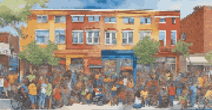 A colorful community mural with diverse individuals, including disabled artists, working together, with people admiring the artwork in a sunny urban setting.