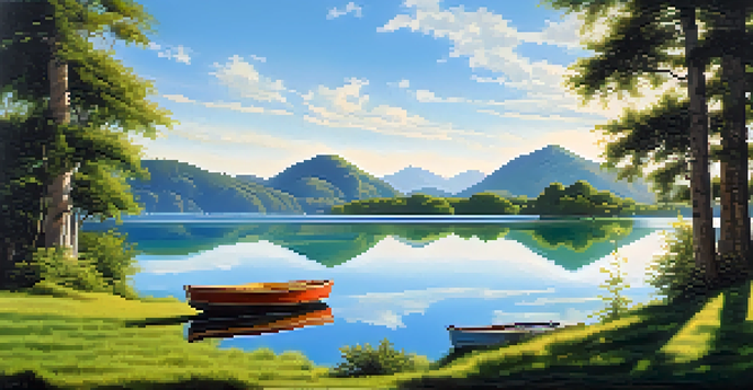 A peaceful lake scene with green mountains and blue sky, reflecting the landscape in the water.