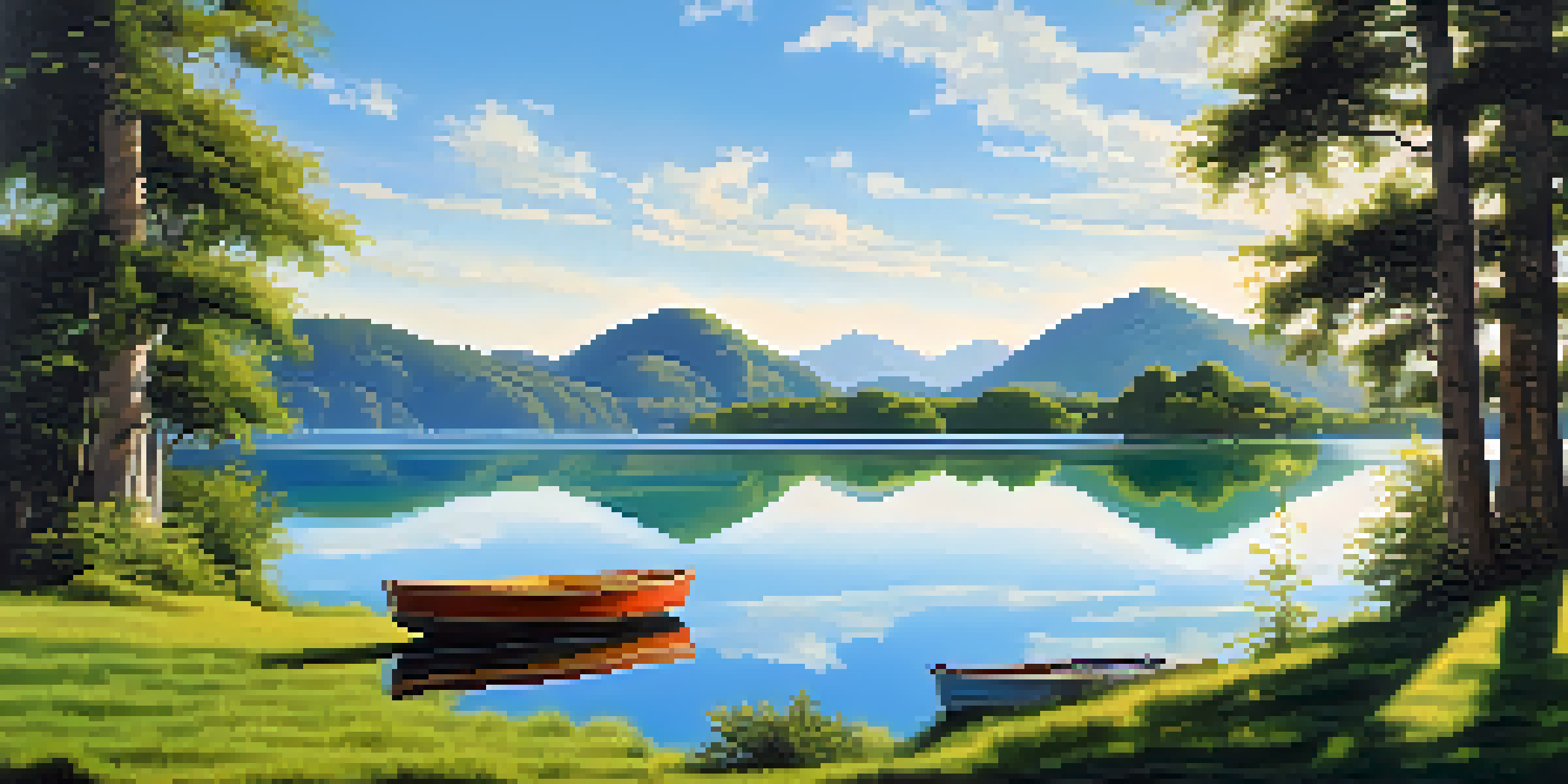 A peaceful lake scene with green mountains and blue sky, reflecting the landscape in the water.