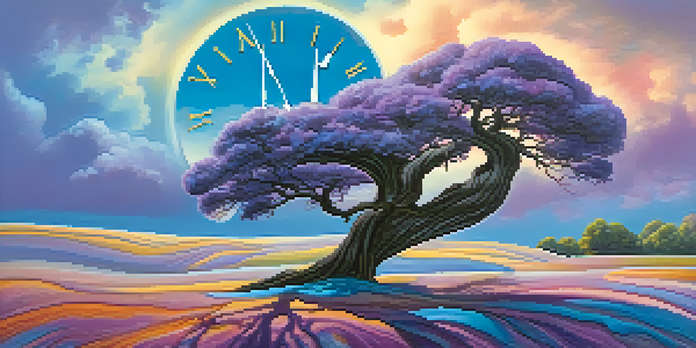 A surreal landscape with a melting clock on a tree branch and a colorful, dream-like sky.