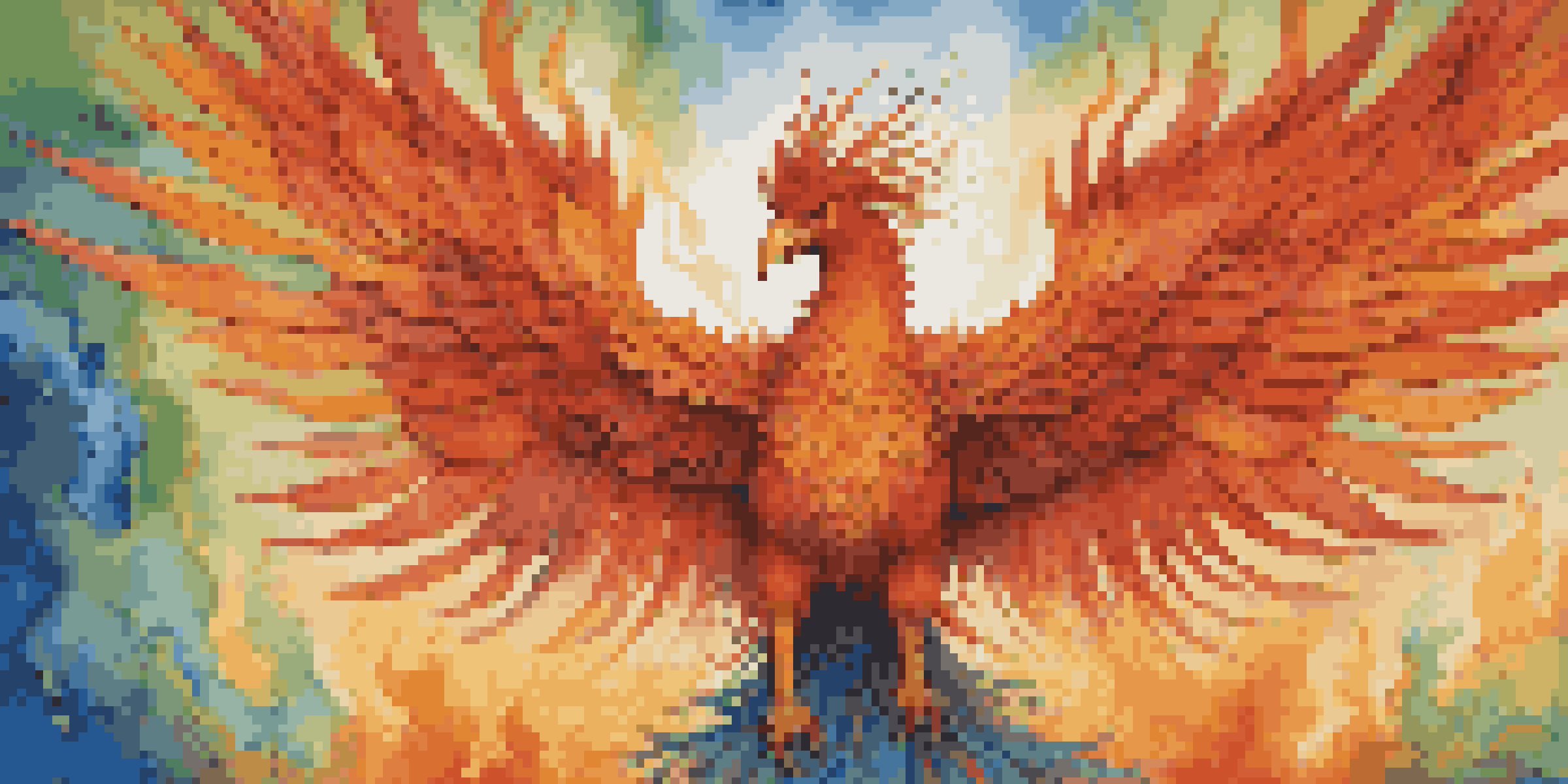A colorful mural of a phoenix rising from ashes, representing resilience and hope with warm colors in the background.