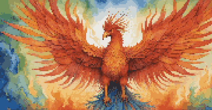 A colorful mural of a phoenix rising from ashes, representing resilience and hope with warm colors in the background.