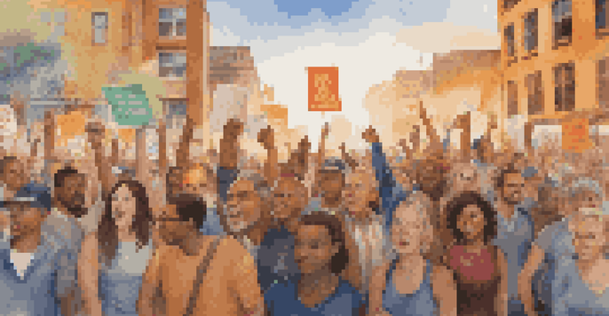 A lively political rally with a diverse crowd holding colorful protest signs in front of a mural depicting hope and change, illuminated by warm golden hour light.