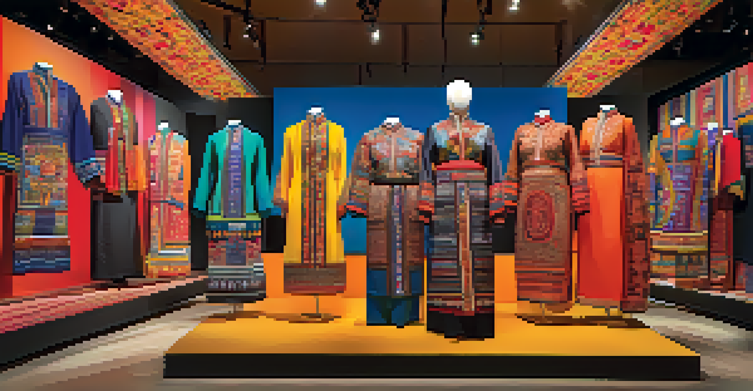 An interactive art installation with visitors trying on cultural garments against a backdrop of traditional attire and vibrant patterns, illuminated by bright lighting.