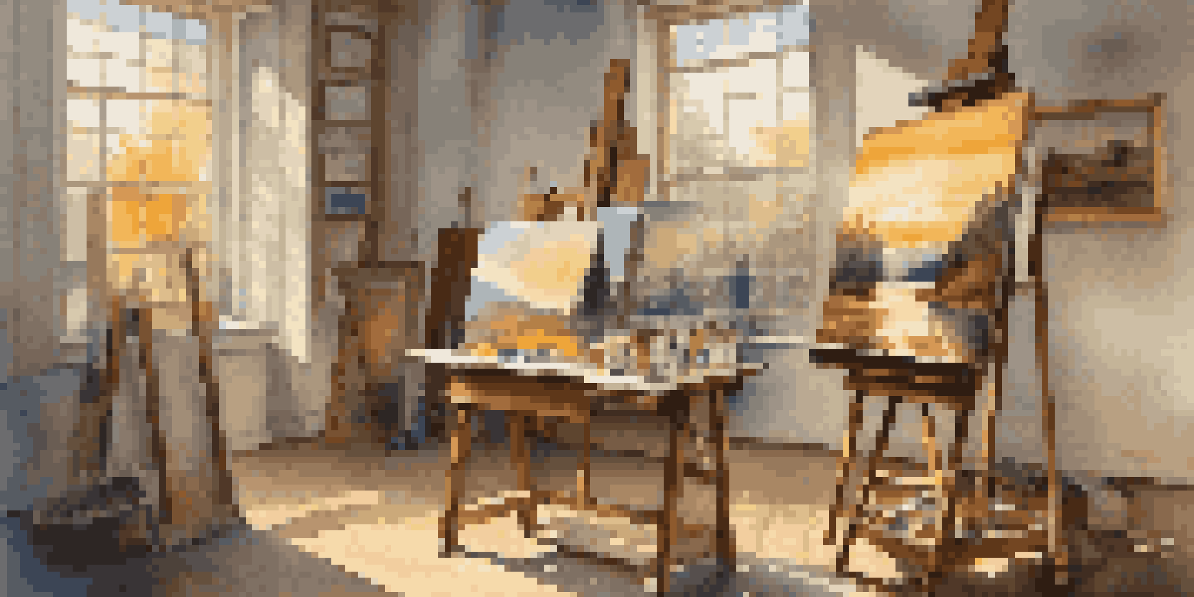 A bright and inviting artist's studio with a wooden easel, a landscape painting, and colorful art supplies.
