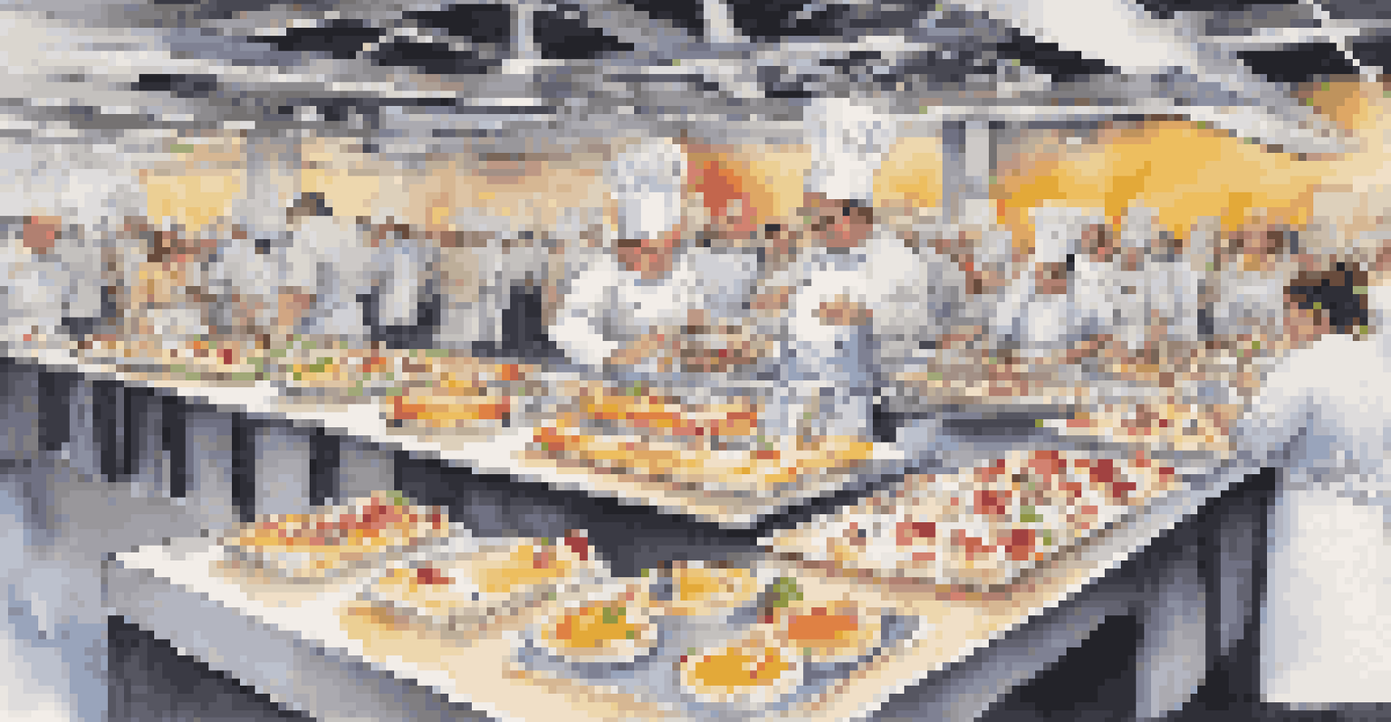 Participants in a food art competition decorating cakes and plating dishes, with colorful displays and a lively atmosphere.
