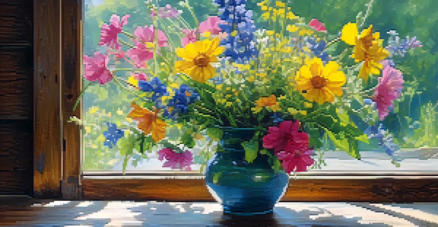 A still life of colorful wildflowers in a vase on a wooden table.