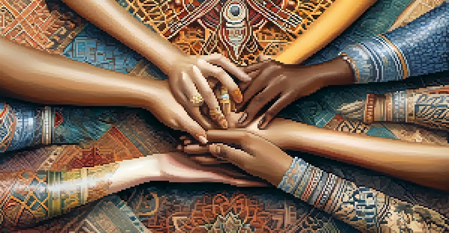 Various hands with cultural symbols, symbolizing unity among different cultures.