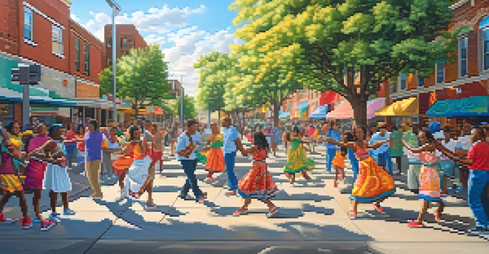 An urban street scene with a colorful mural depicting community members dancing, painting, and playing music under soft sunlight.