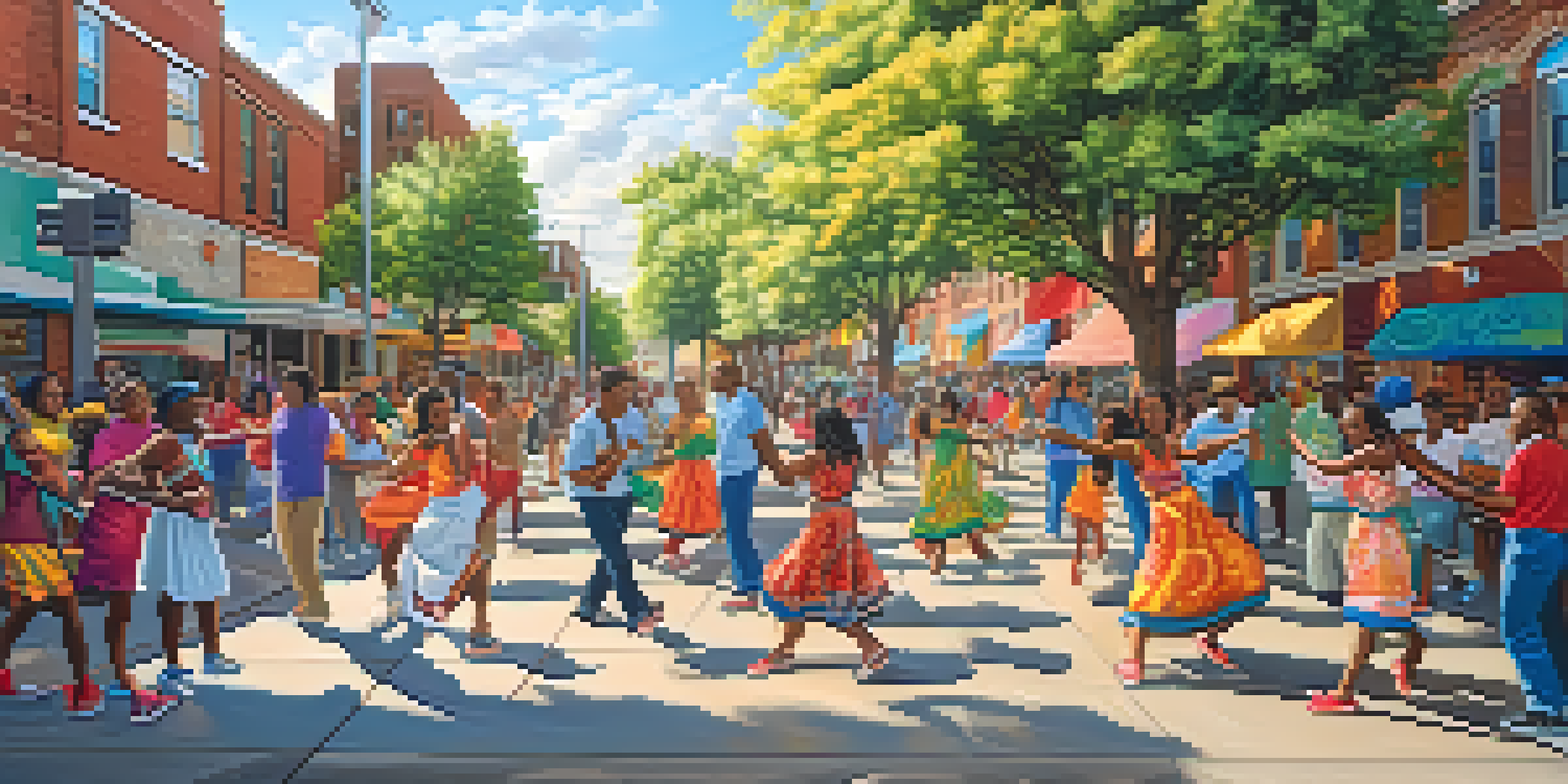 An urban street scene with a colorful mural depicting community members dancing, painting, and playing music under soft sunlight.