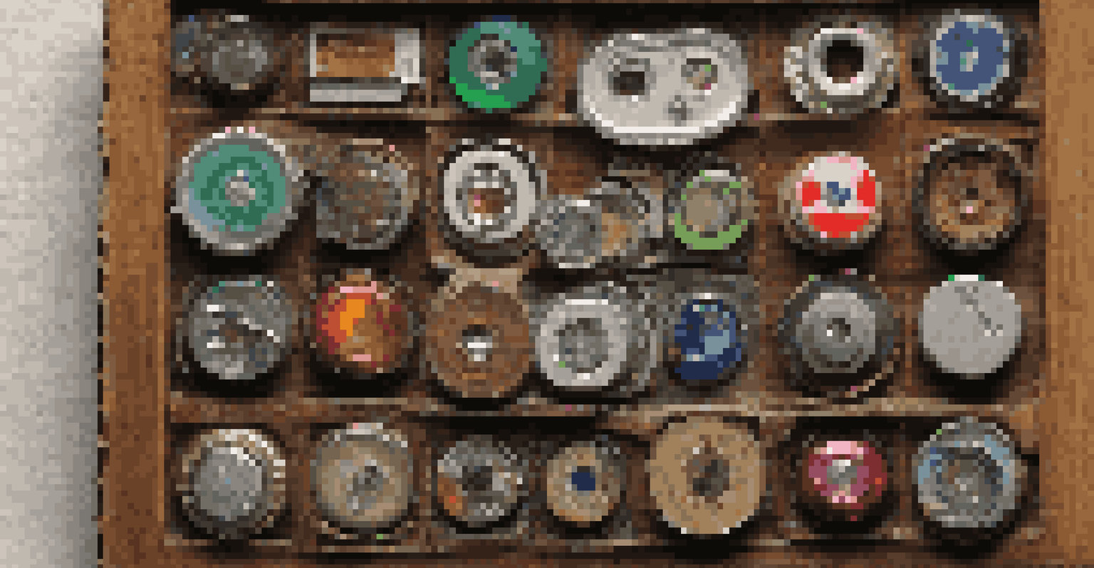 A close-up view of art made from found objects like bottle caps and electronics, displayed on a rustic wooden background with warm lighting.