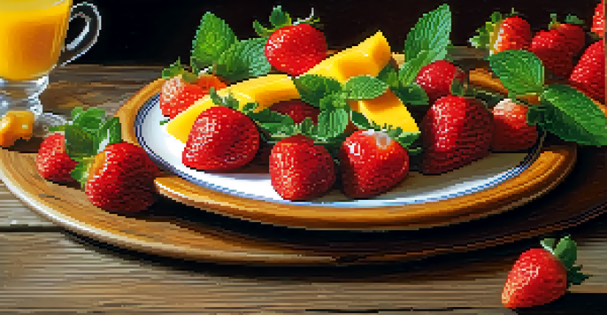 A colorful gourmet dish showcasing bright red strawberries, yellow mango slices, and green mint leaves on a rustic wooden table.