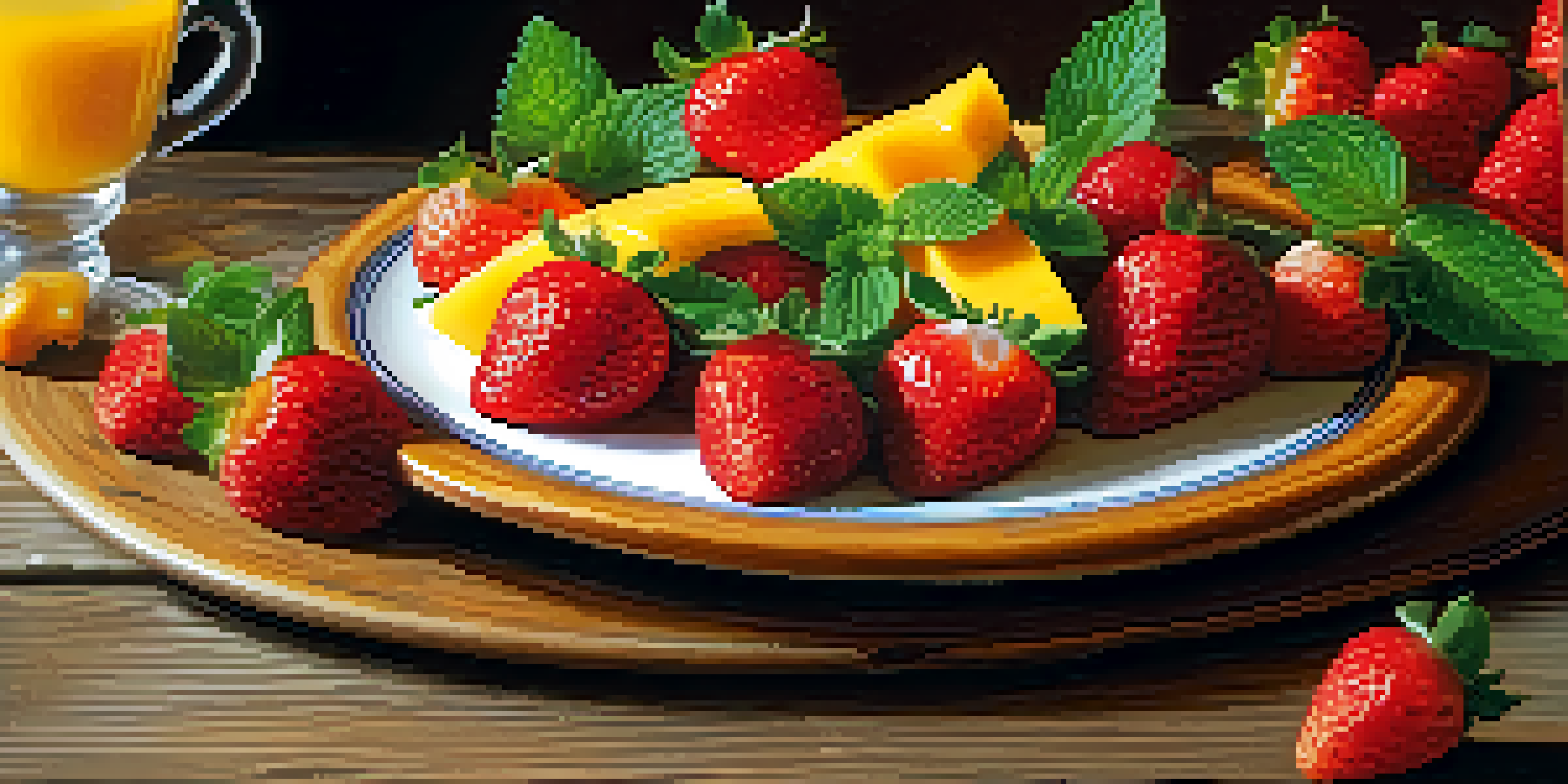 A colorful gourmet dish showcasing bright red strawberries, yellow mango slices, and green mint leaves on a rustic wooden table.
