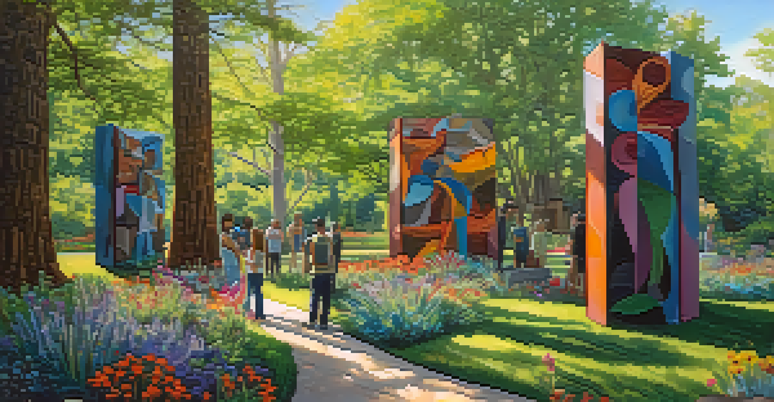 An outdoor art installation with sculptures made from reclaimed materials and people discussing its significance.