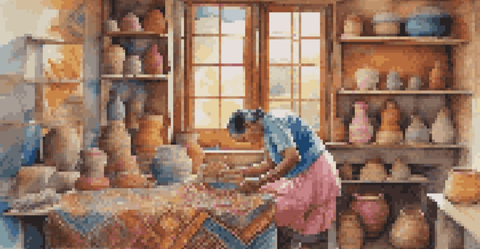 A local artisan weaving colorful textiles in a sunlit room, showcasing intricate patterns and textures.