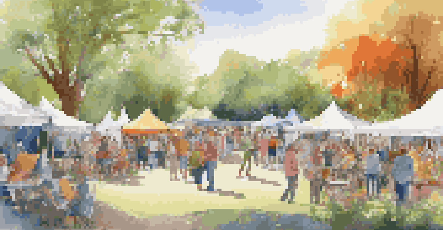 A community art festival with artists showcasing nature-inspired artworks in a park with colorful tents.