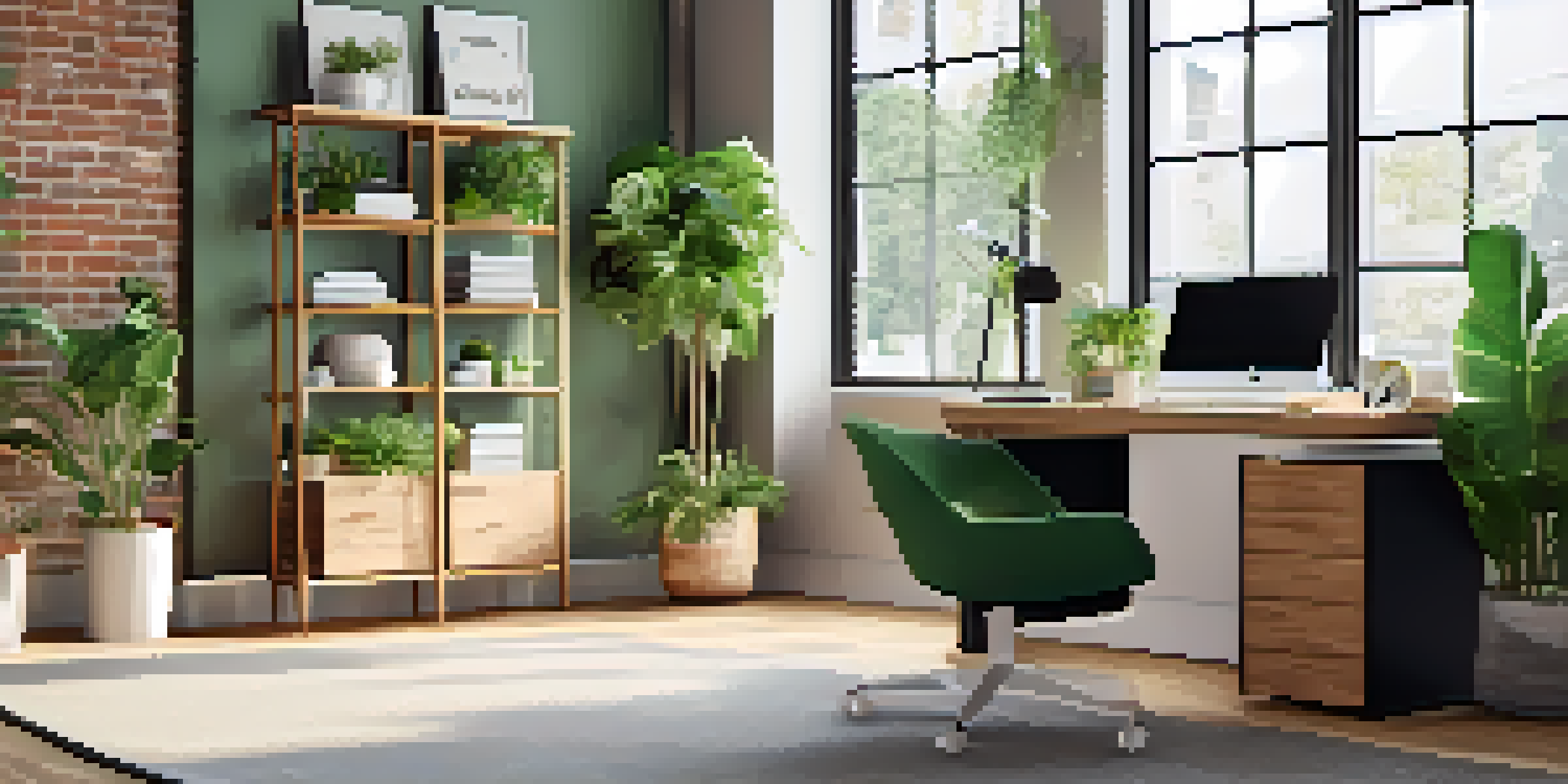 A modern workspace with a desk, computer showing variable fonts, and natural light from large windows, accented by green plants and a typography poster.
