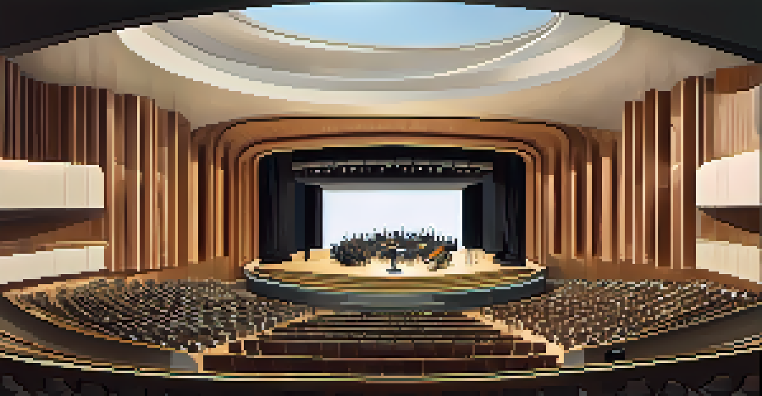 A modern concert hall with curved acoustic panels and musicians performing on stage, surrounded by an engaged audience.