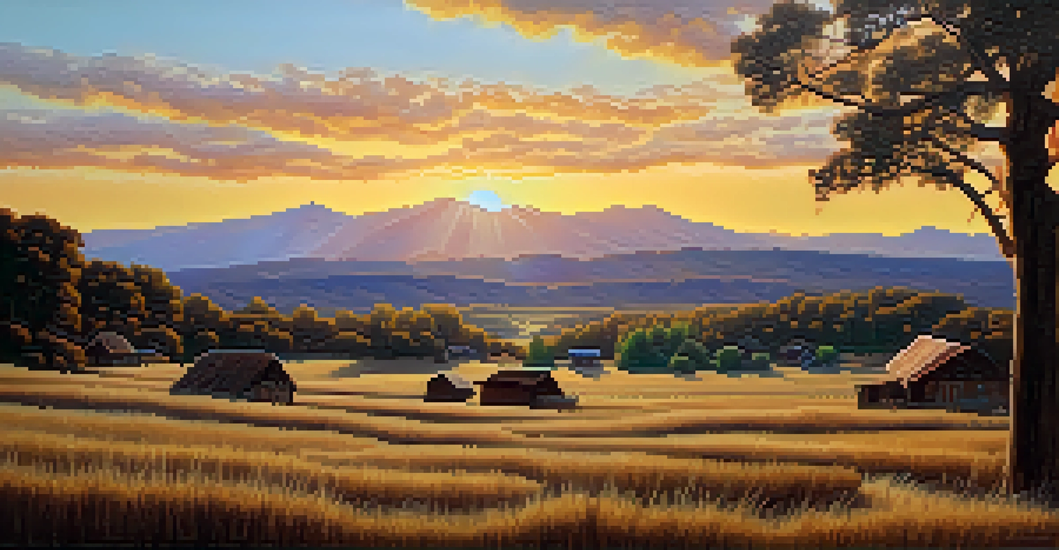 A peaceful landscape combining Indigenous and European art styles, with warm sunset lighting and rich textures.