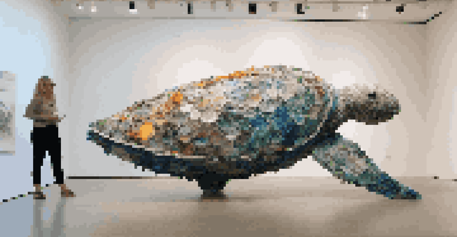 An art installation of a sea creature made from ocean plastic waste, displayed in an art gallery.