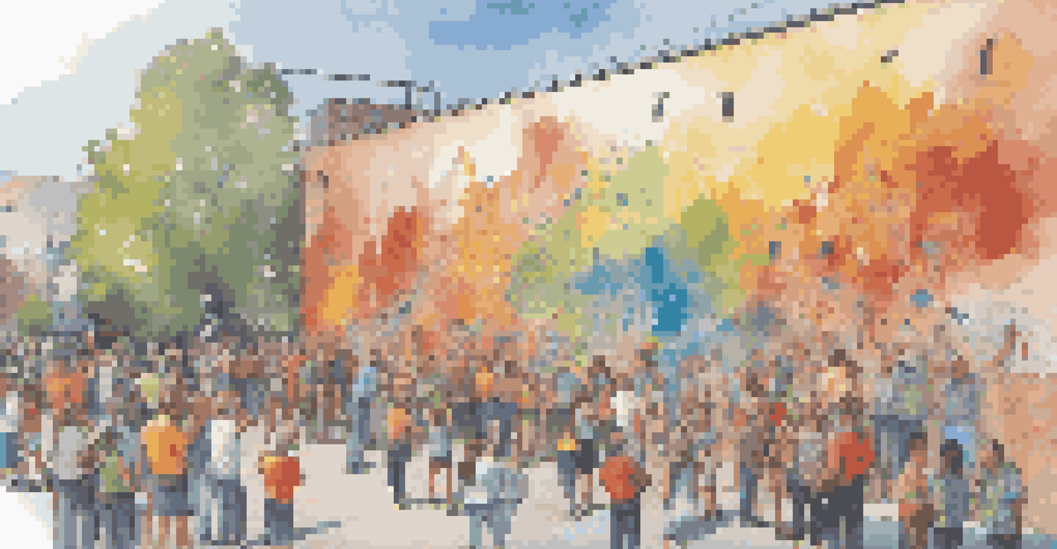 An artist creating a mural at an art festival, surrounded by spectators admiring vibrant abstract designs that symbolize community resilience.