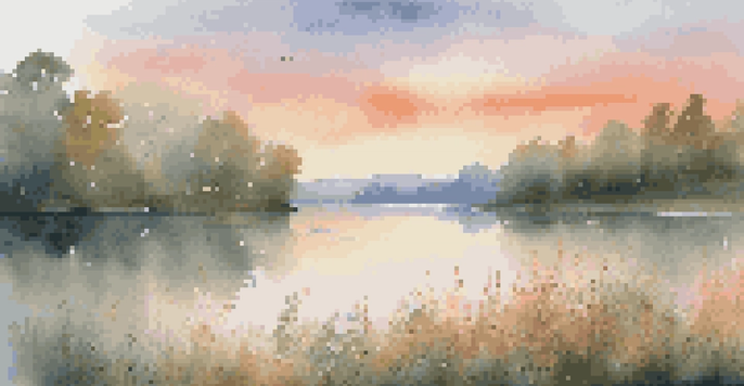 A peaceful lake at sunrise with colorful skies and mist, surrounded by green trees and wildflowers.