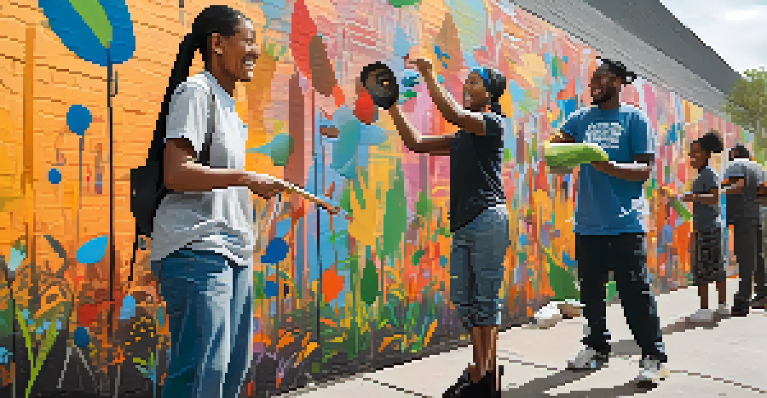 A diverse group of people collaboratively painting a vibrant mural in an urban area.