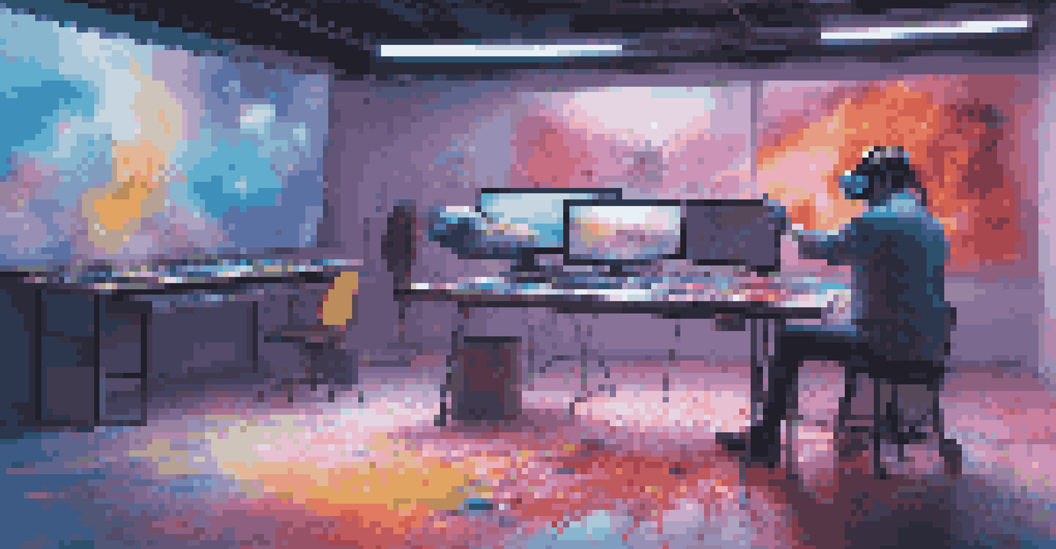 An artist in a high-tech studio creating virtual reality art, surrounded by holographic displays and colorful paint splatters.