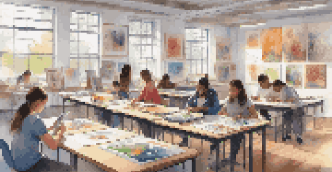 A diverse group of students engaged in art projects, with watercolors and digital tablets in a bright classroom.